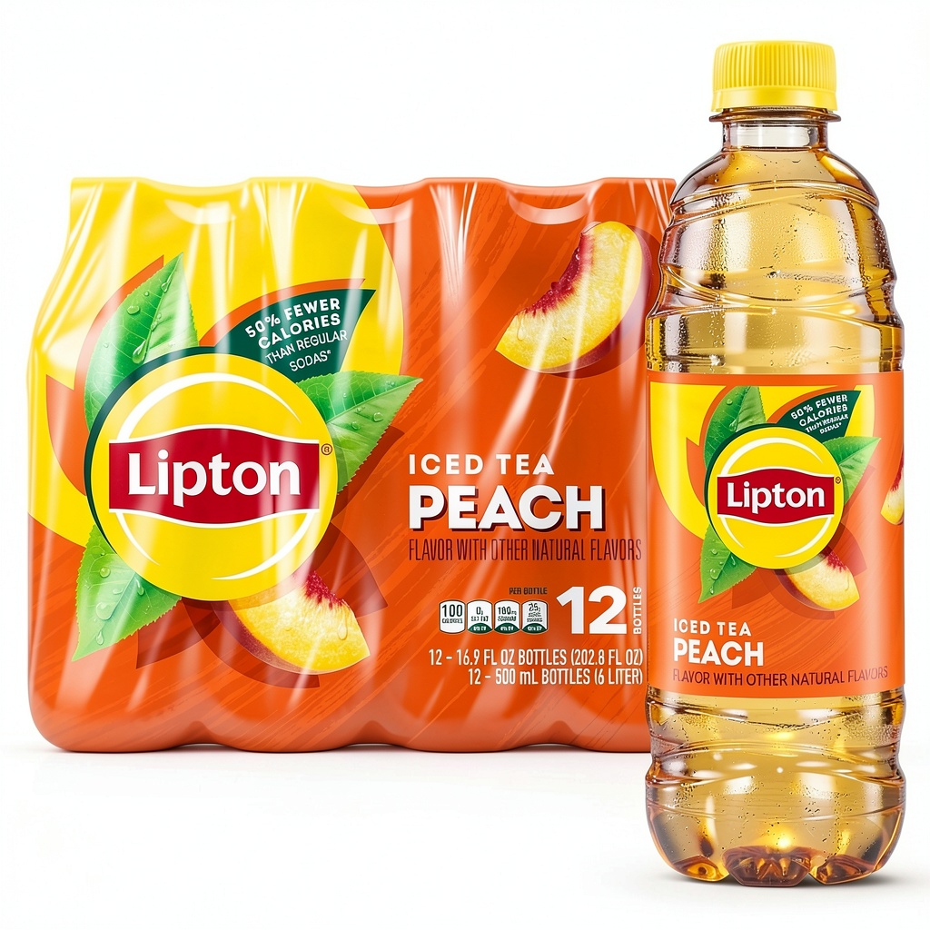 Lipton Peach Iced Tea bottles displayed on a table