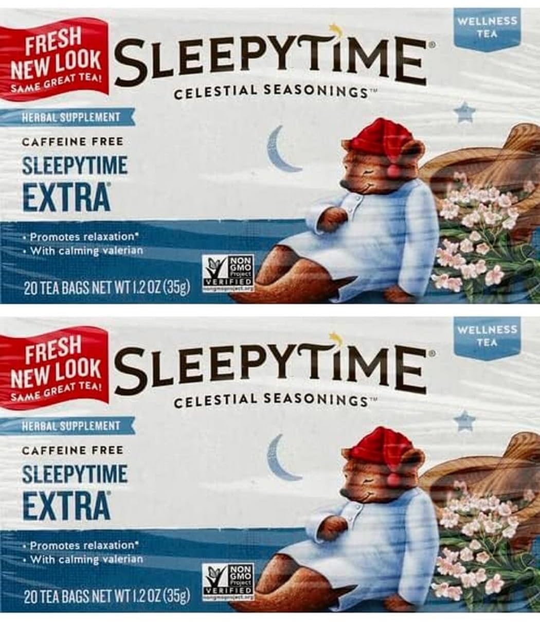Celestial Seasonings Sleepytime Extra tea box with valerian blend displayed on a table