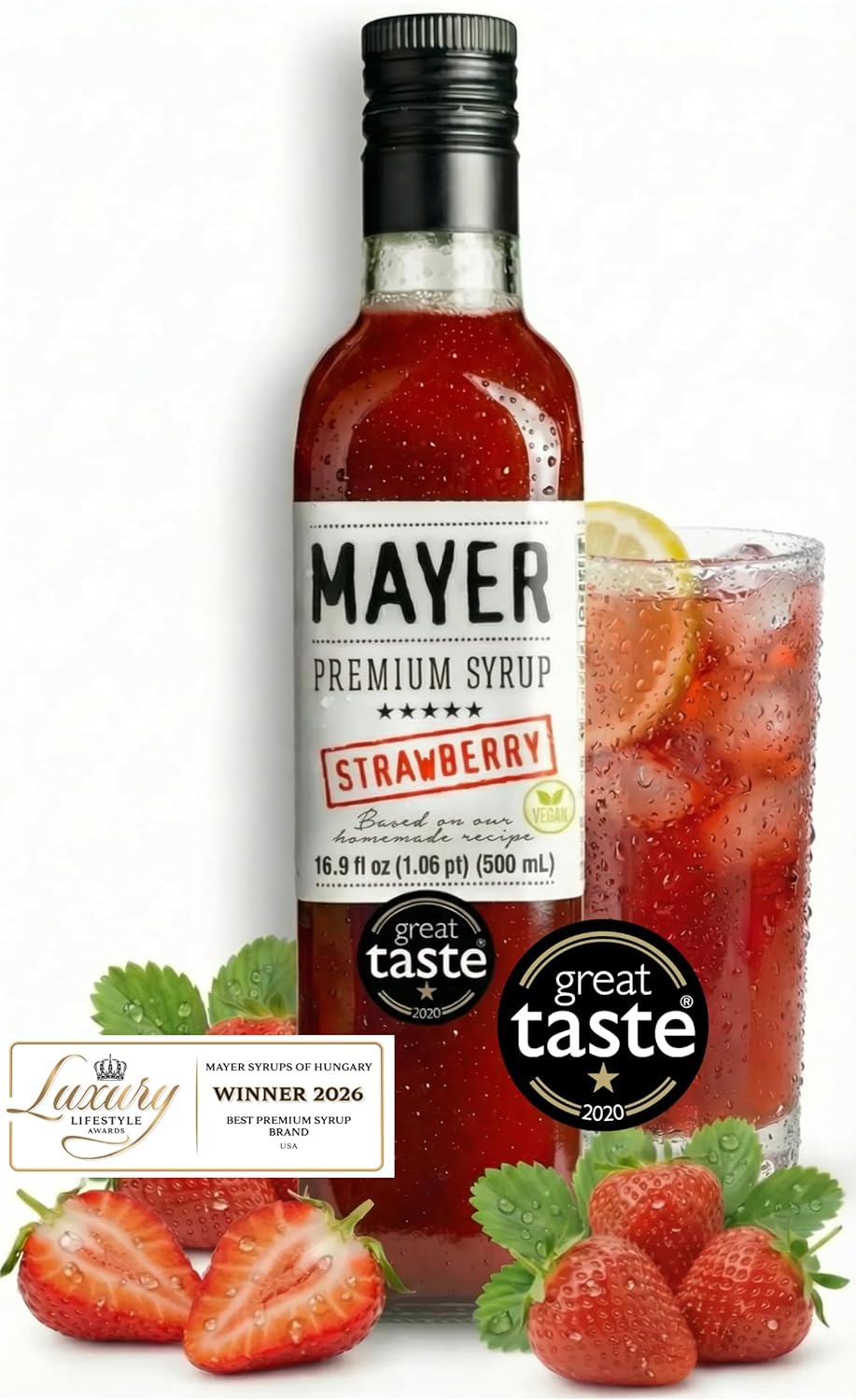 Mayer Szörp Strawberry Syrup bottle on a kitchen counter