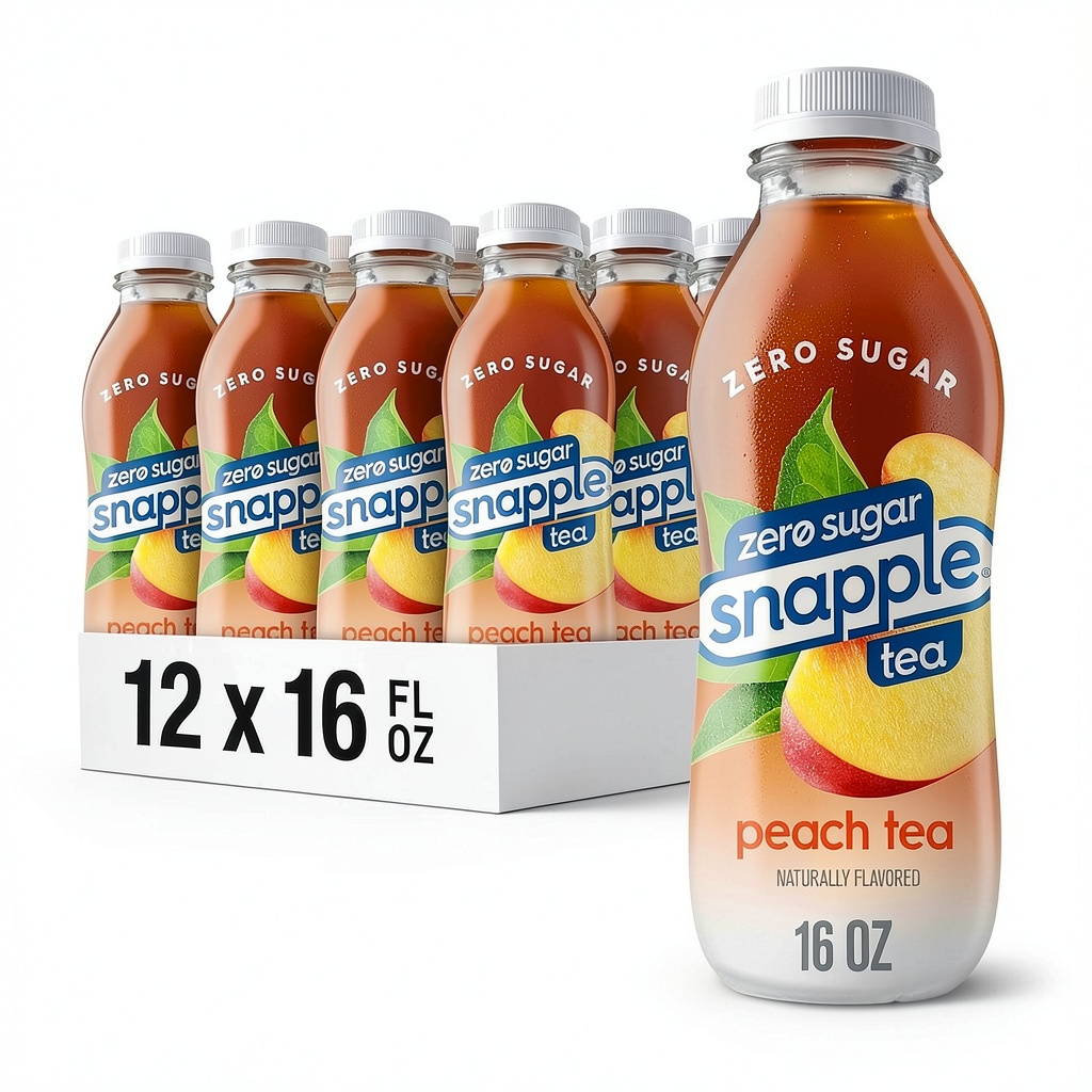Snapple Zero Sugar Peach Tea bottles displayed on a kitchen counter