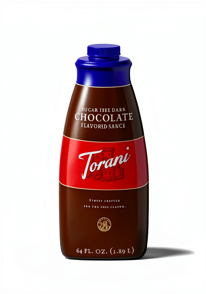 Torani Sugar Free Chocolate Sauce bottle on a kitchen countertop next to a coffee mug