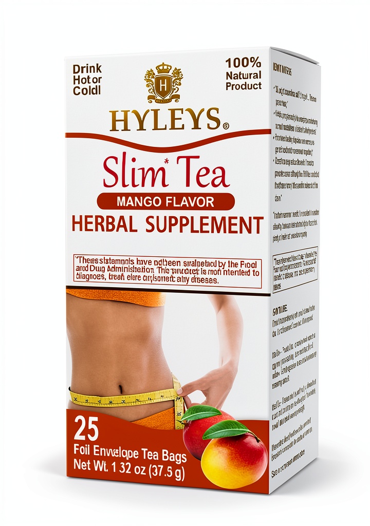 Hyleys Slim Tea box with teabags displayed on a kitchen counter
